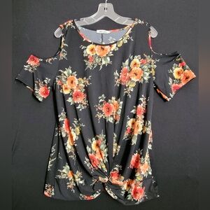 Floral Cold Shoulder Top - Black and Orange